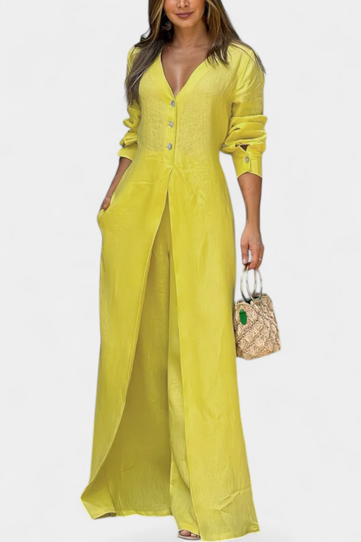 V-Neck Jumpsuit for Women with Wide Leg and Front Slit