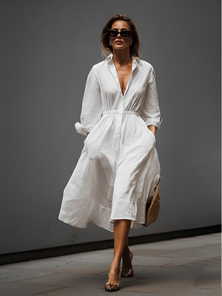 White Linen Shirt Dress for Women with Elastic Waist
