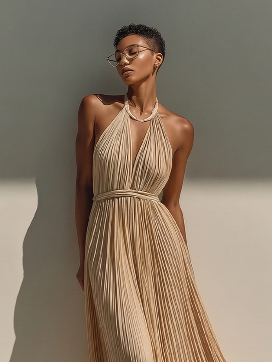 Champagne Pleated Maxi Dress with Halter Neck and Tie Waist