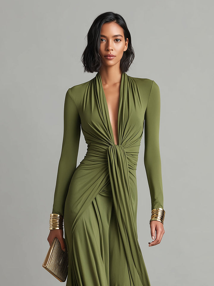 Olive Maxi Dress with Deep V-Neck and Ruched Detail