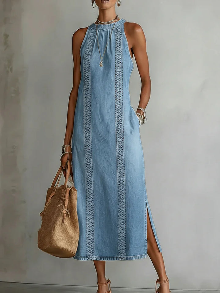 Denim Dress with Lace Detail | Retro Button Front Dress