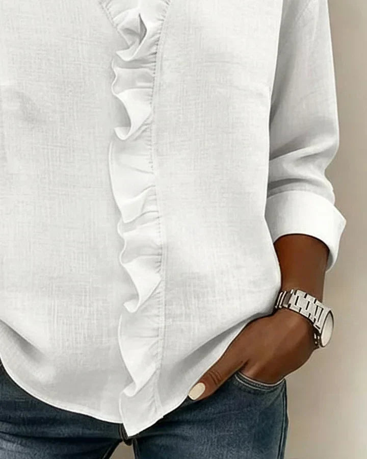 Ruffled V-Neck Blouse with Long Sleeves for Women