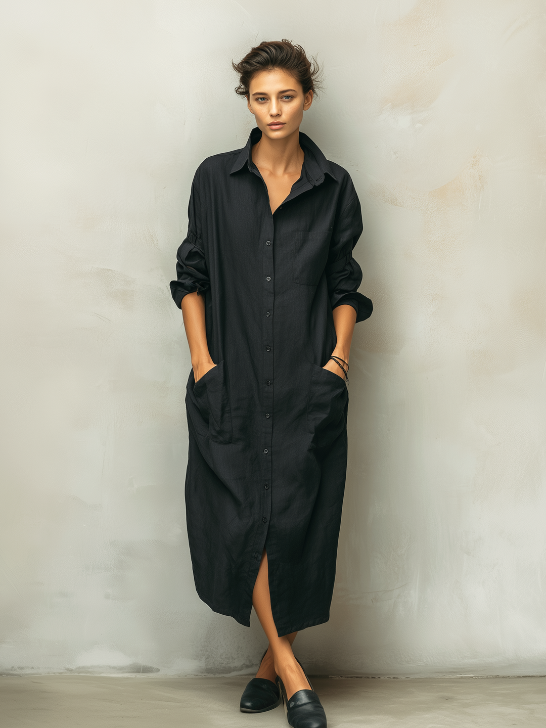 Black Linen Shirt Dress Long Sleeve for Women
