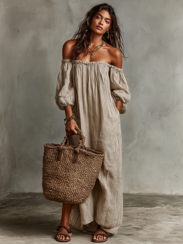 Off Shoulder Maxi Dress Cotton Linen Long Sleeve