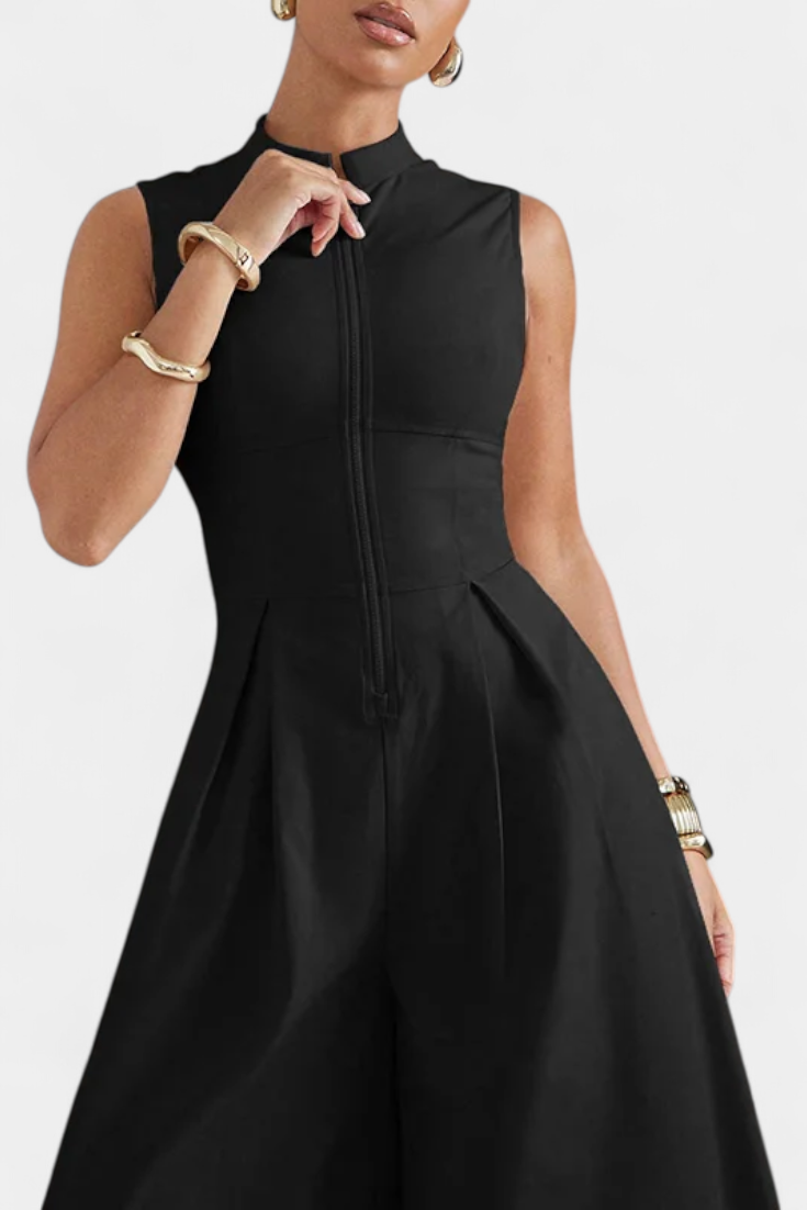 Wide Leg Jumpsuit - Sleeveless Pleated Round Neck for Women