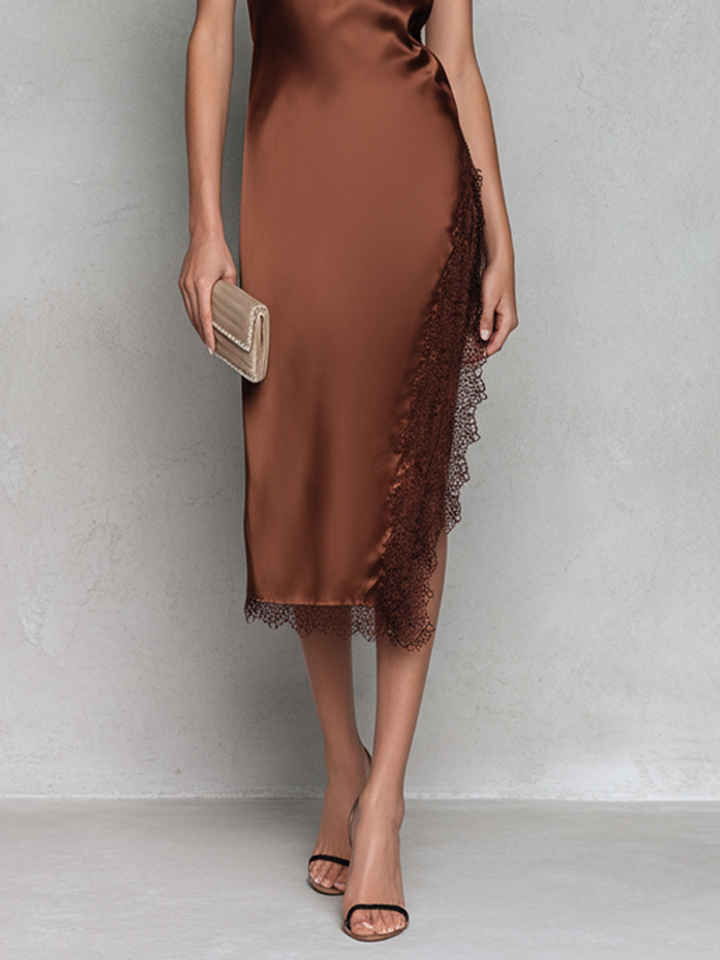 One Shoulder Satin Midi Dress with Lace Trim for Women