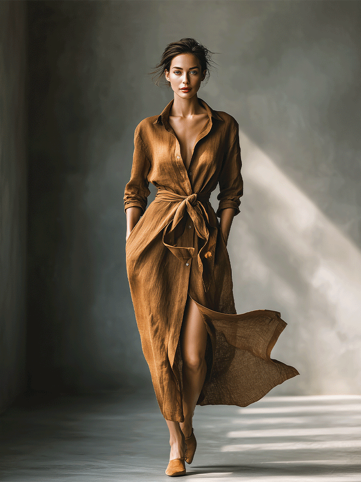 Maxi Shirt Dress for Women - Brown Long Sleeve Button Down