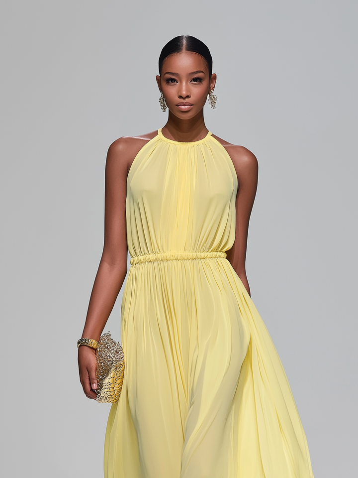Chiffon Maxi Dress Light Yellow Sleeveless Wedding Guest