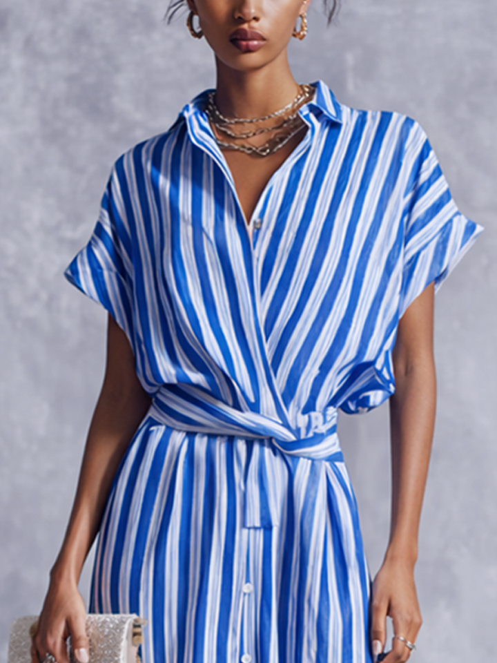 Striped Midi Wrap Dress with Belt - Cotton Linen Shirt Dress