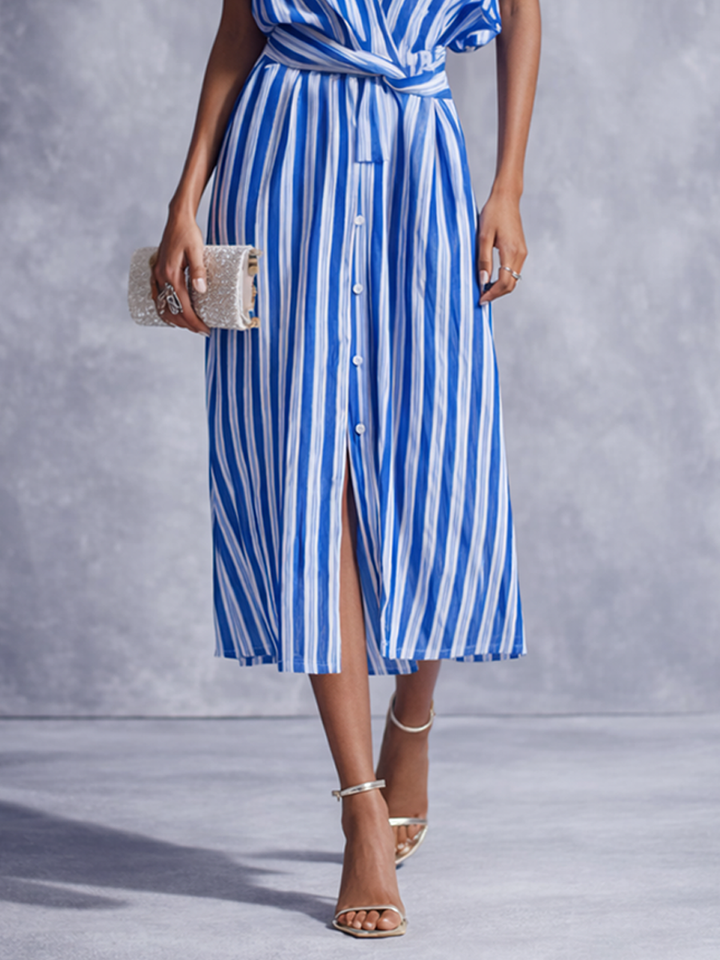 Striped Midi Wrap Dress with Belt - Cotton Linen Shirt Dress