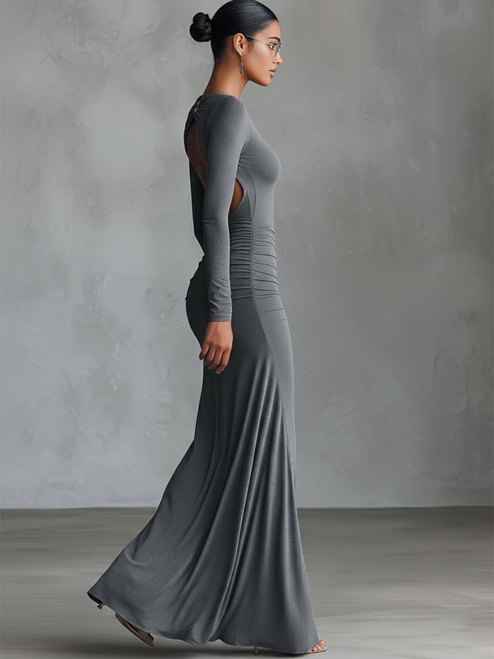 Grey Maxi Dress with Ruched Detail and Open Back for Women