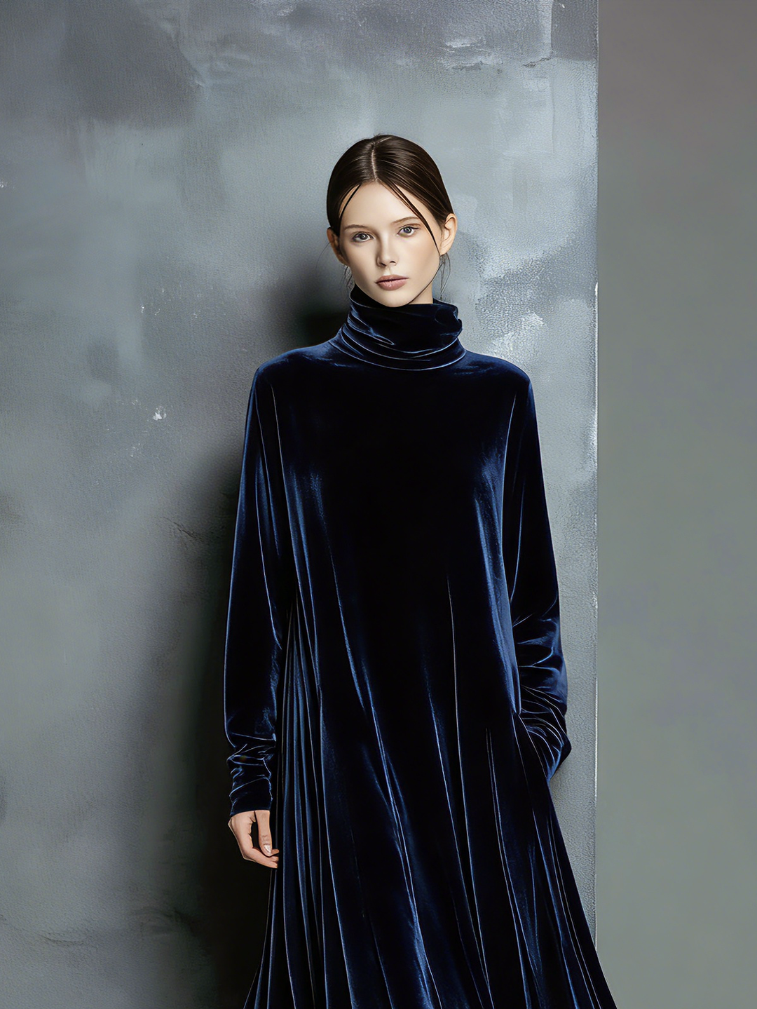 Navy Velvet Maxi Dress - Long Sleeve High Neck Elegant Evening Gown