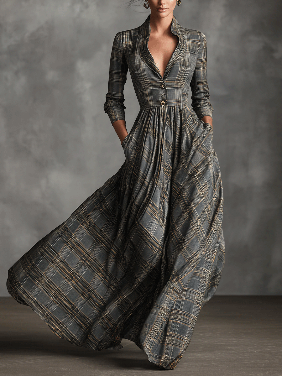 Tartan Maxi Dress for Women - Grey Linen Blend Long Sleeve