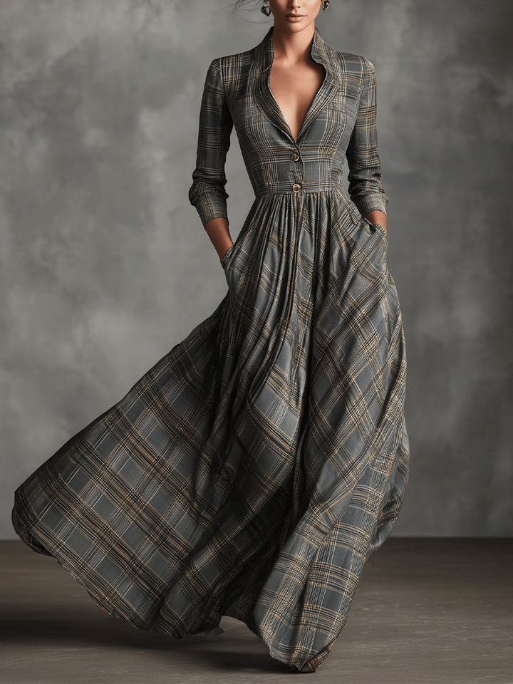 Tartan Maxi Dress for Women - Grey Linen Blend Long Sleeve
