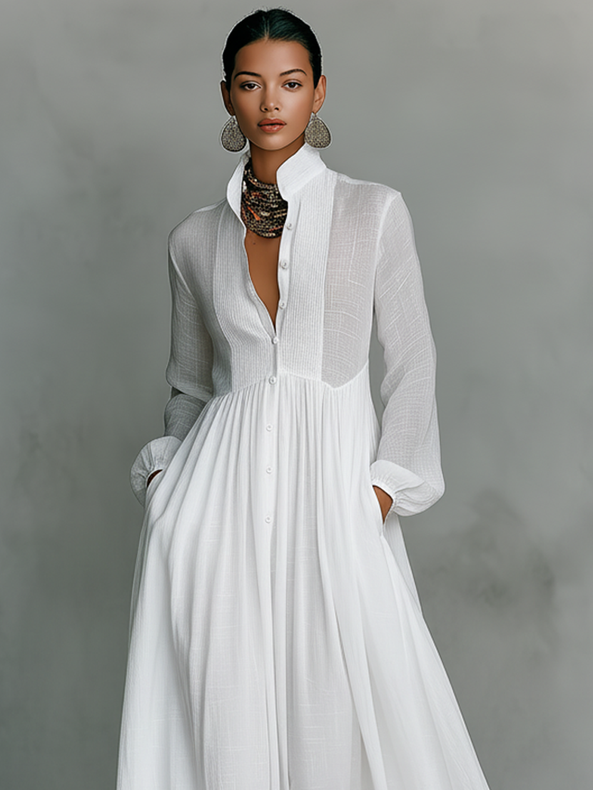 Linen Maxi Dress Long Sleeve with Patchwork Stand Collar