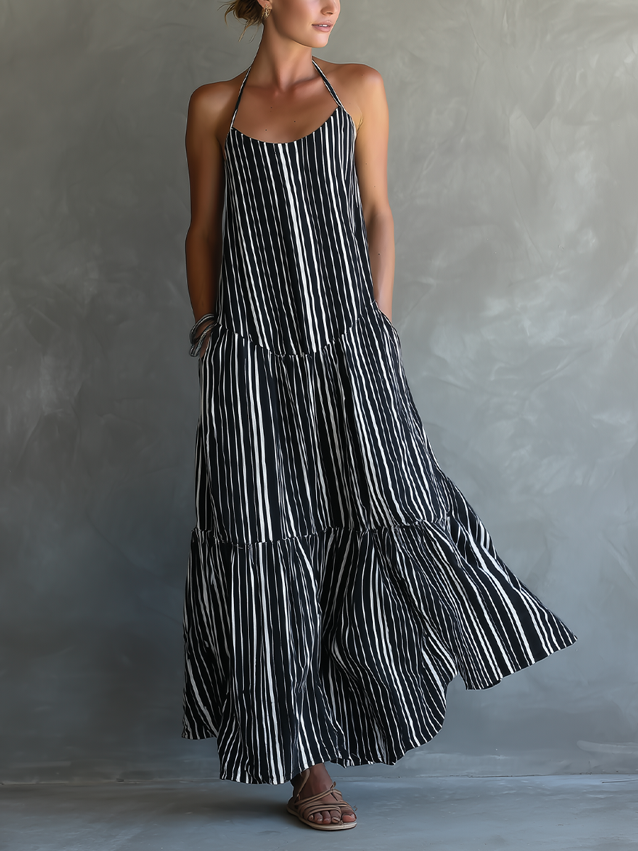 Striped Maxi Dress with Halter Neck for Women