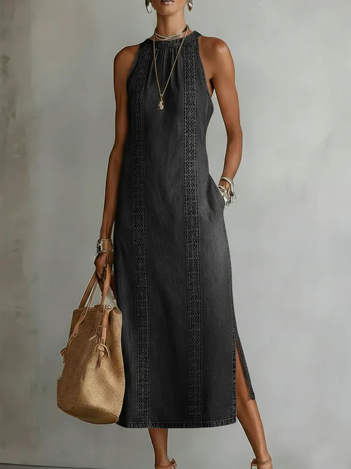 Denim Dress with Lace Detail | Retro Button Front Dress