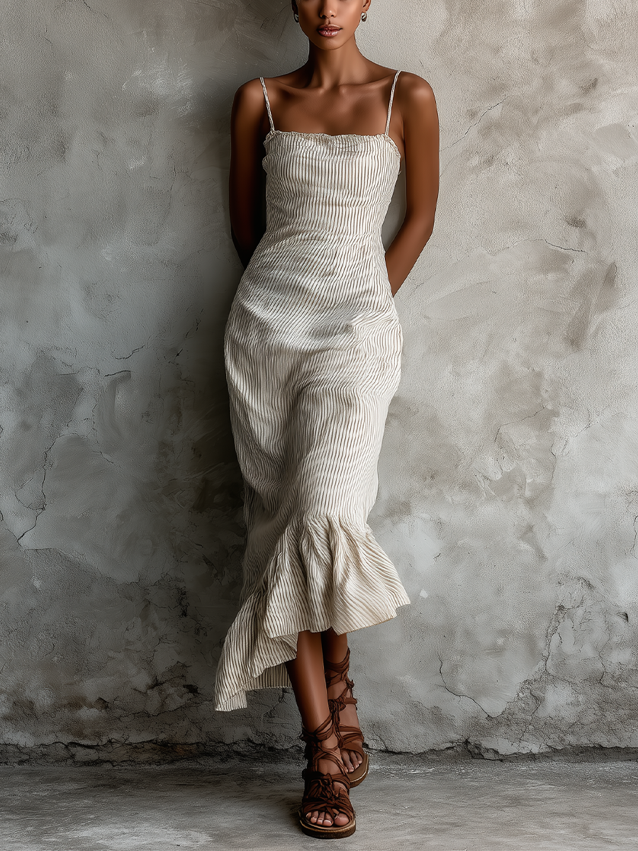 Striped Maxi Dress with Ruffled Asymmetric Hem for Women