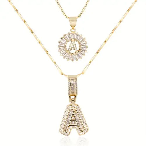 Initial Necklace Set White Gold Pave Letter Pendant