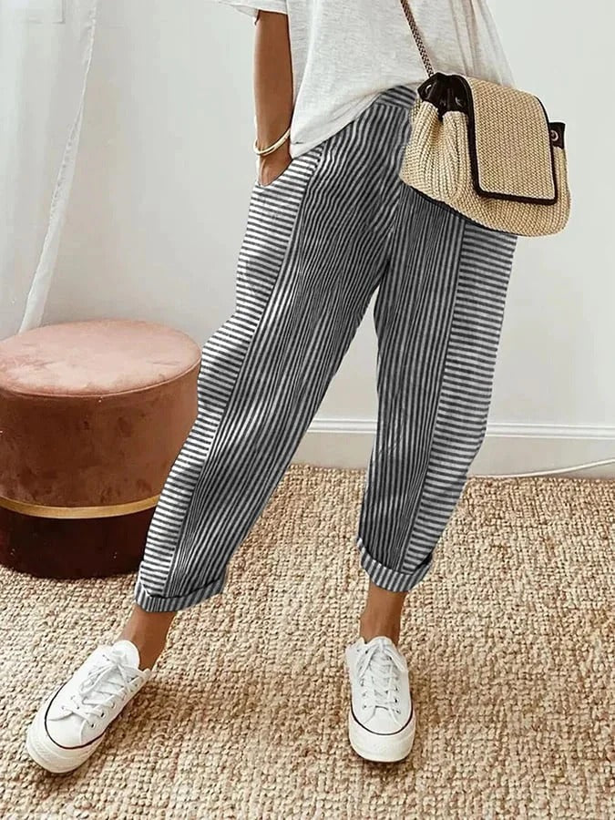 Striped Linen Pants - Comfortable Elastic Waist Palazzo Pants