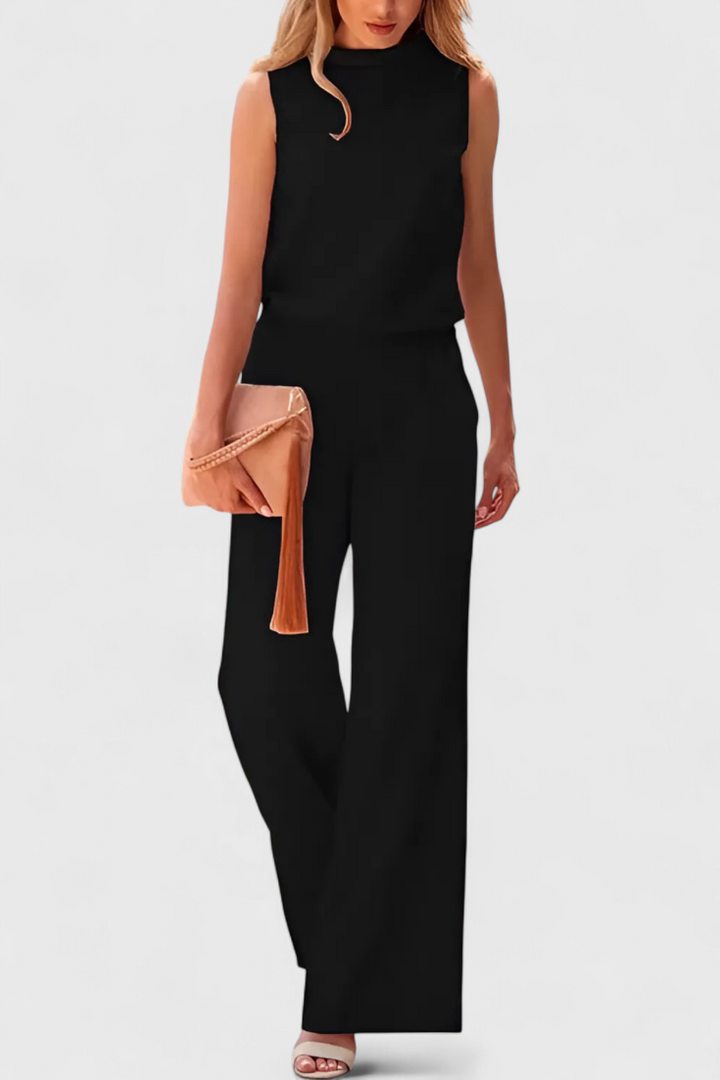 Wide Leg Jumpsuit for Women with Round Neck - Elegant Fluid Style