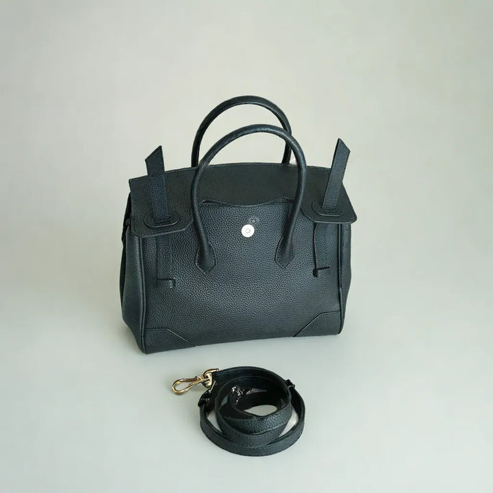 Black Wood Handbag | Structured Leather Crossbody Bag