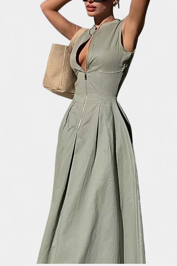 Wide Leg Jumpsuit - Sleeveless Pleated Round Neck for Women