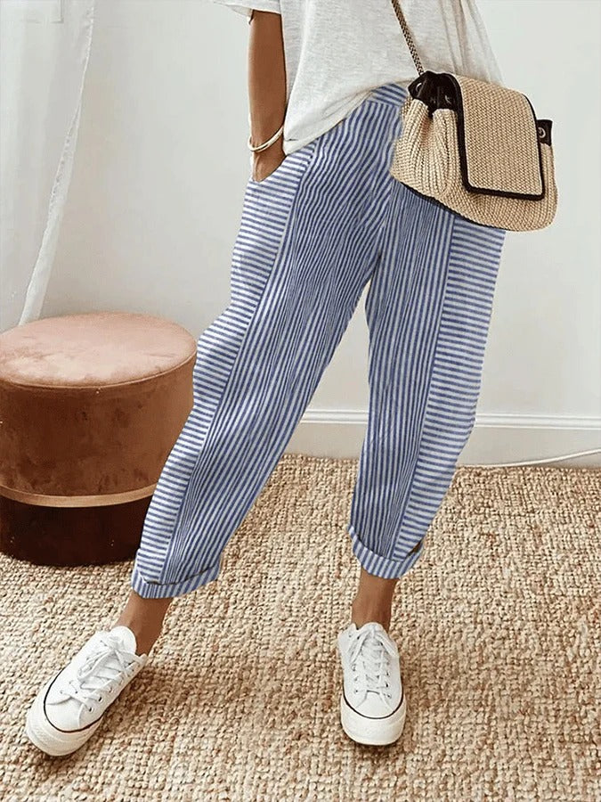 Striped Linen Pants - Comfortable Elastic Waist Palazzo Pants