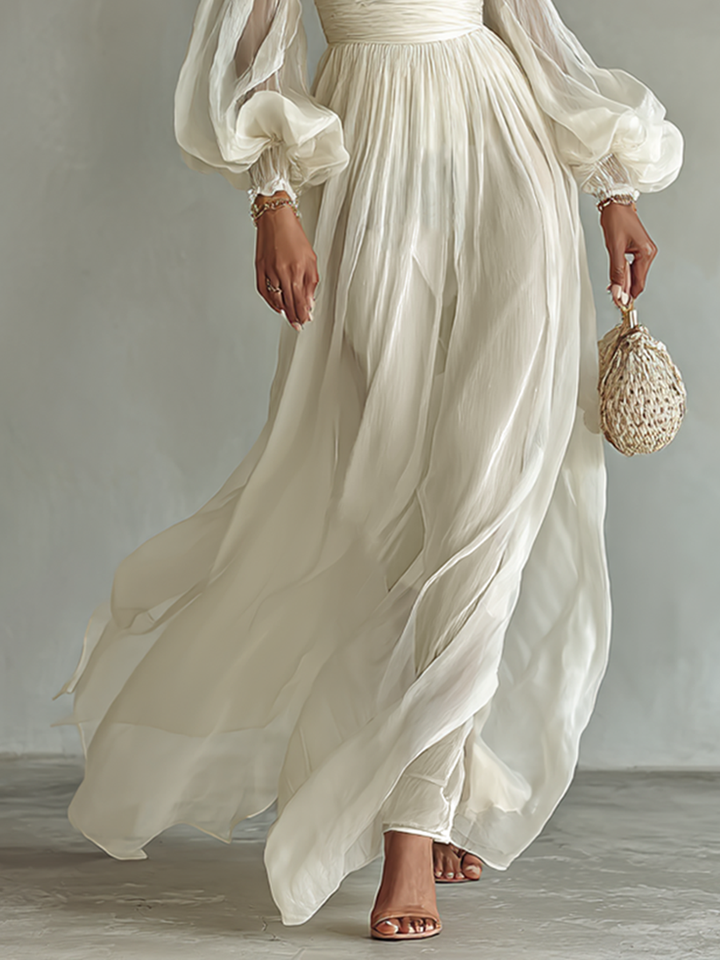 Chiffon Maxi Dress with Long Sleeves and Square Neckline