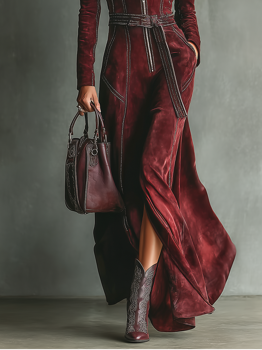 Burgundy Maxi Dress Long Sleeve Faux Suede V-Neck