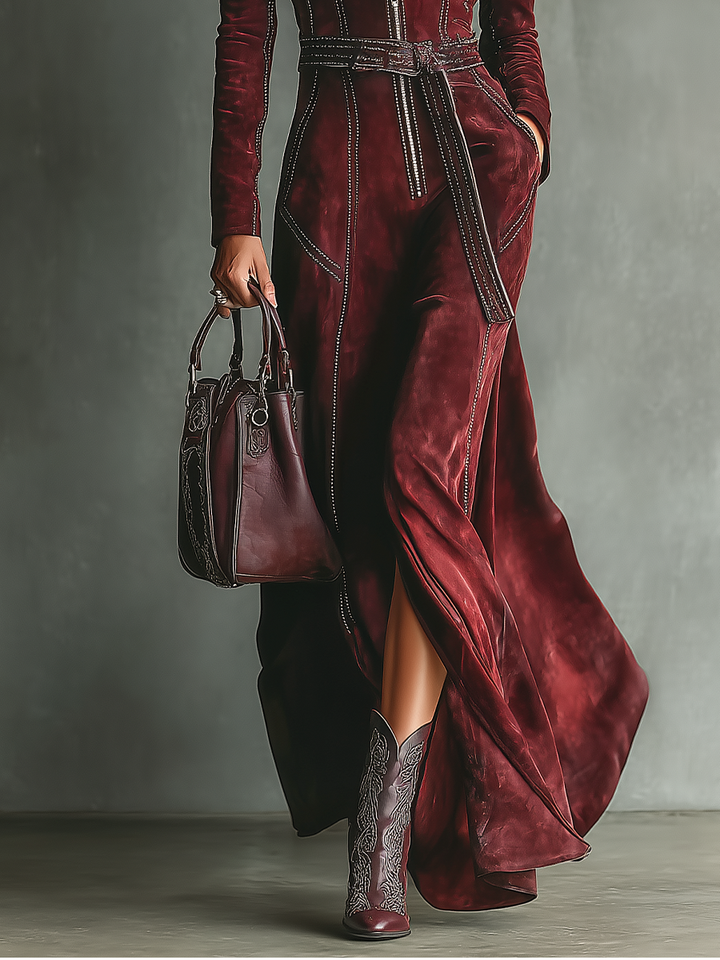 Burgundy Maxi Dress Long Sleeve Faux Suede V-Neck