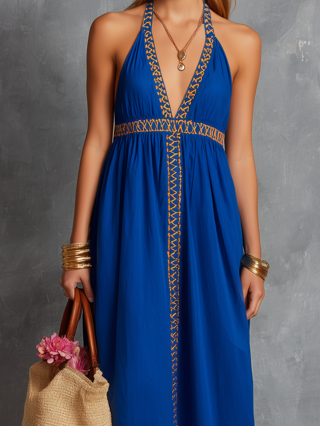 Blue Linen Dress for Women V-Neck Sleeveless Embroidered Camisole