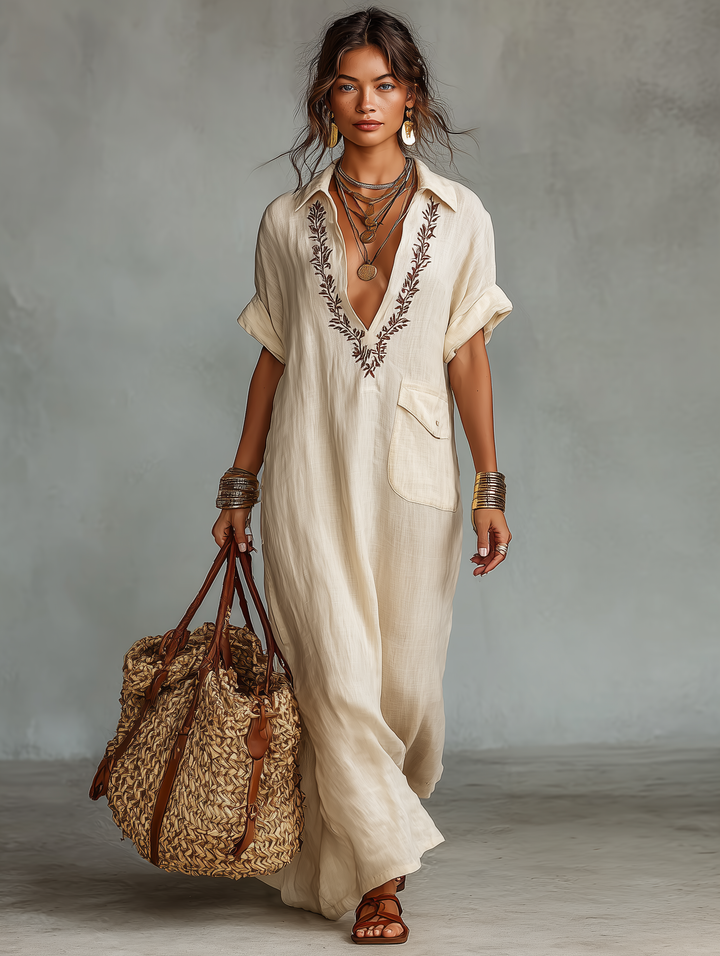 Linen Maxi Dress with Embroidered Details Short Sleeve