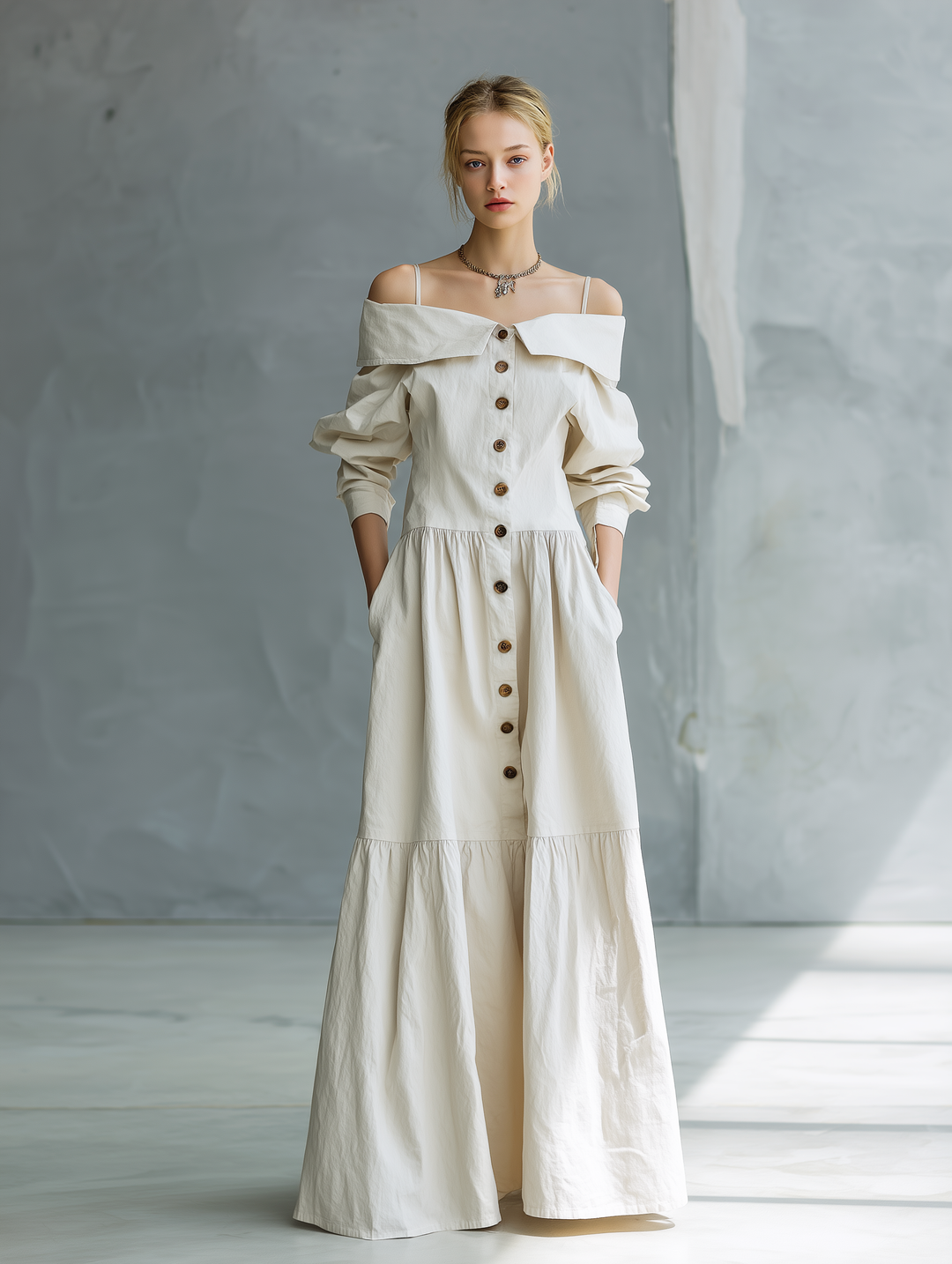 White Off Shoulder Camisole Dress with Long Sleeves