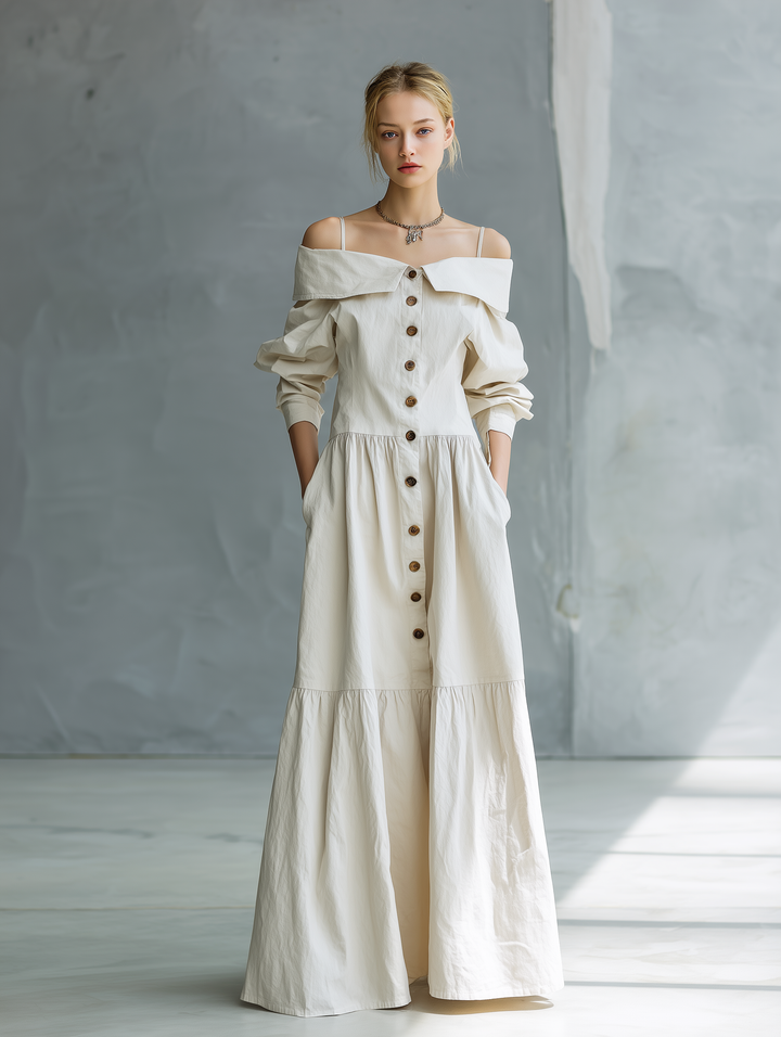 White Off Shoulder Camisole Dress with Long Sleeves