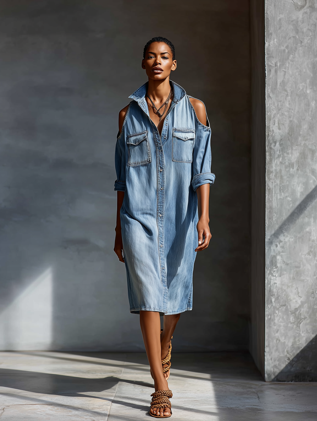 Denim Shirt Dress with Cold Shoulder Detail and Pockets