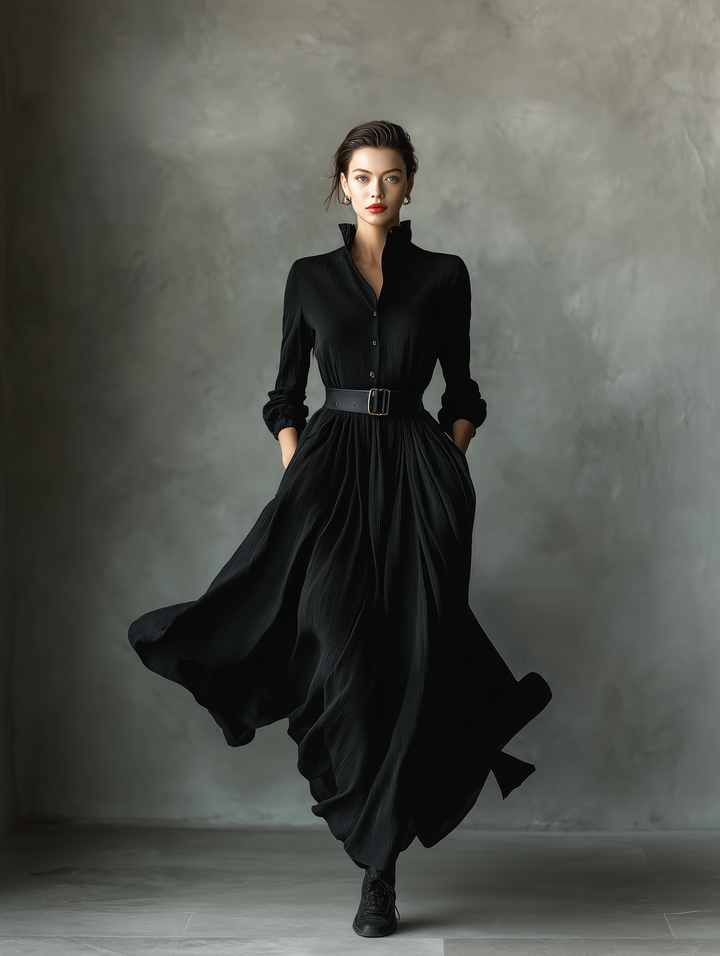 Black Maxi Dress Vintage Pleated Three Quarter Sleeve