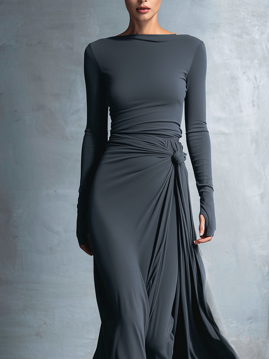 Gray Wrap Maxi Dress with Knot Detail for Women