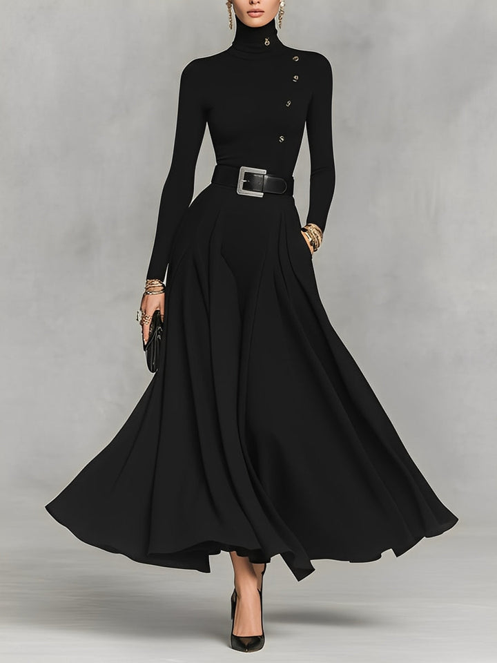 Black Knit Maxi Dress with High Neck and Button Detail