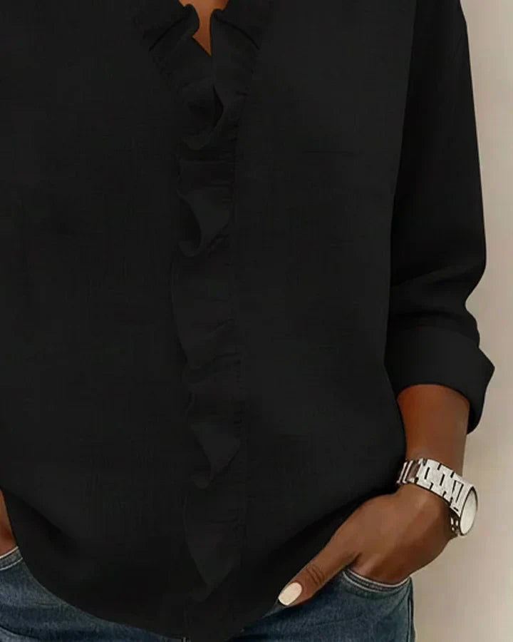 Ruffled V-Neck Blouse with Long Sleeves for Women