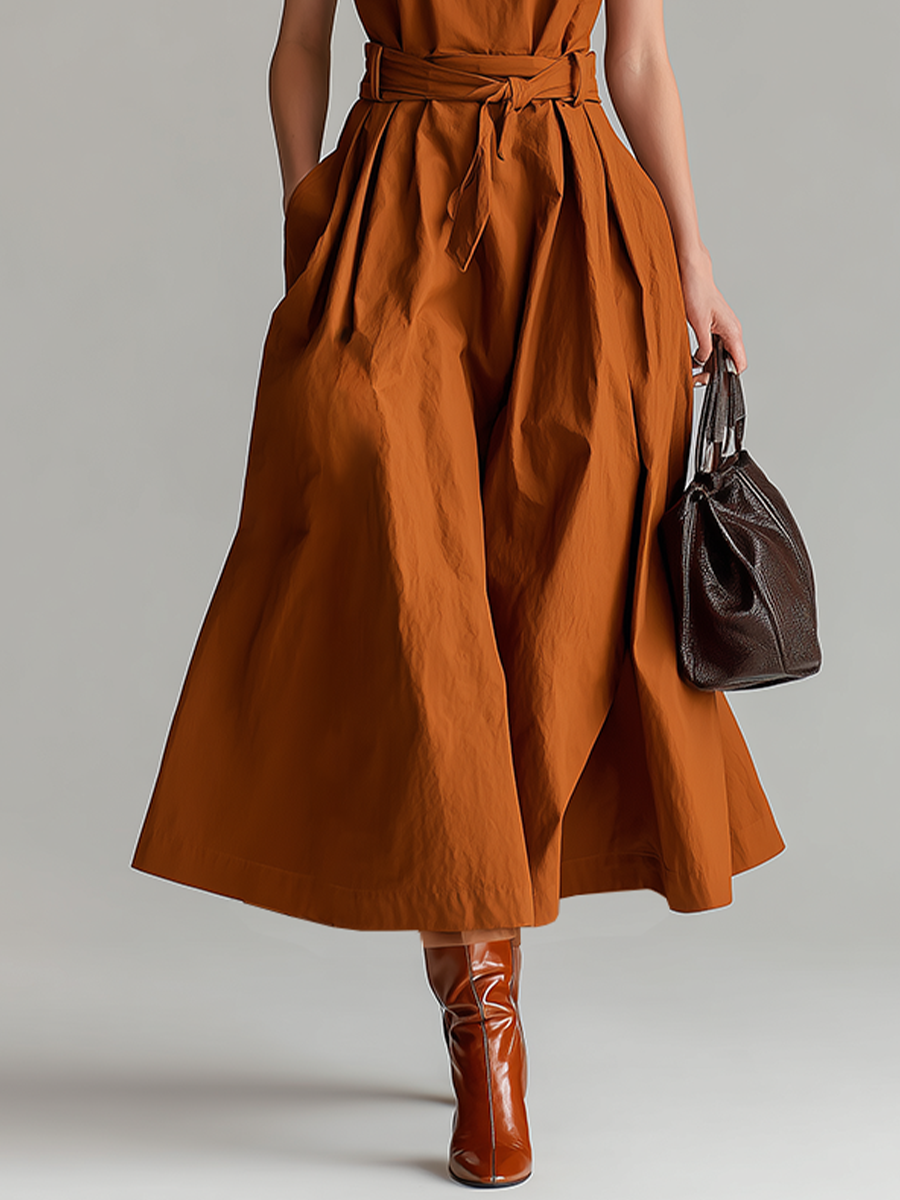 Rust Cotton Halter Dress with Tie Waist Belt
