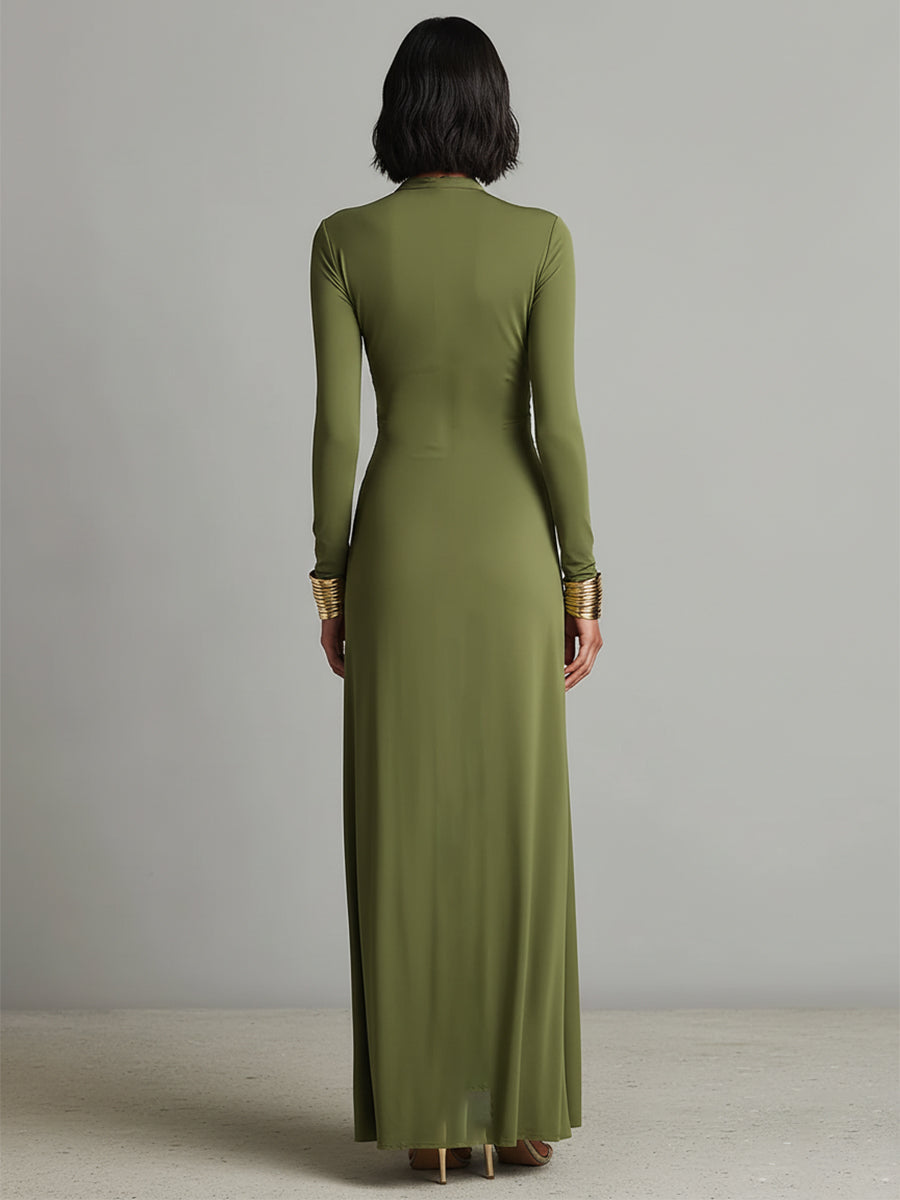 Olive Maxi Dress with Deep V-Neck and Ruched Detail