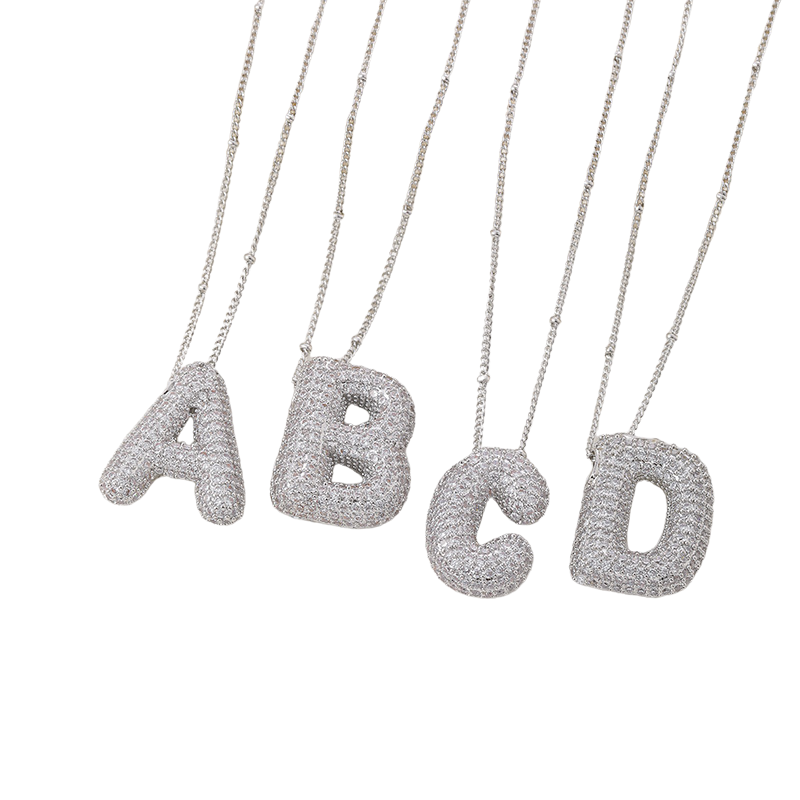 Initial Necklace Set White Gold - Personalized Bubble Letter Pendant