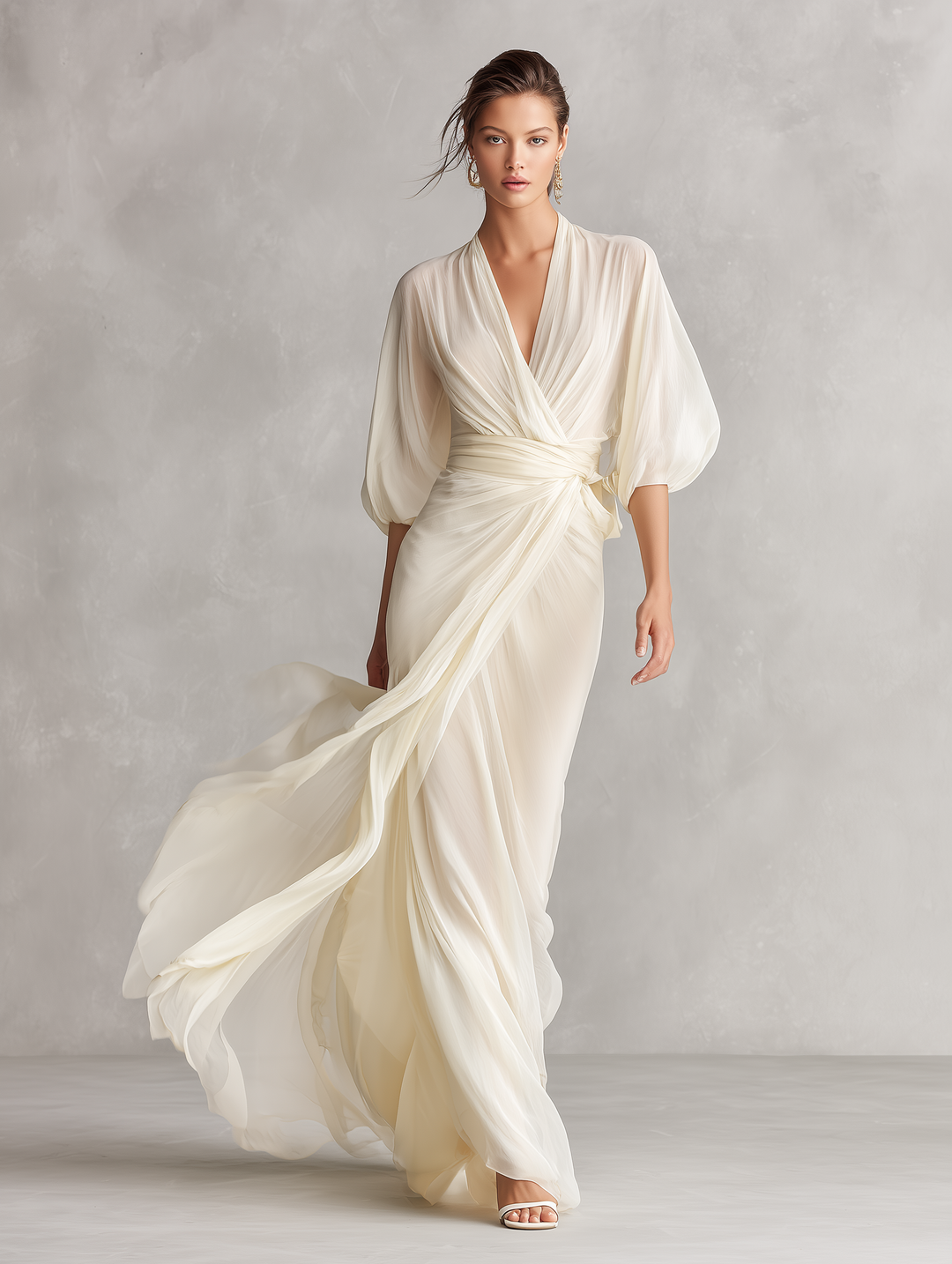 Ivory Chiffon Maxi Dress with Puff Sleeves and Wrap Detail