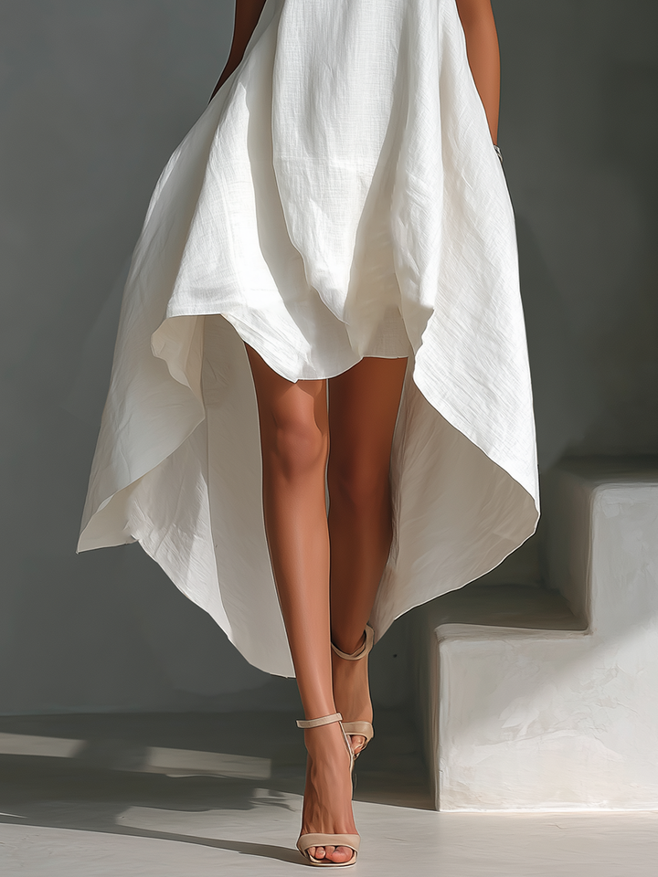 White Linen Midi Dress Sleeveless with Asymmetric Hem