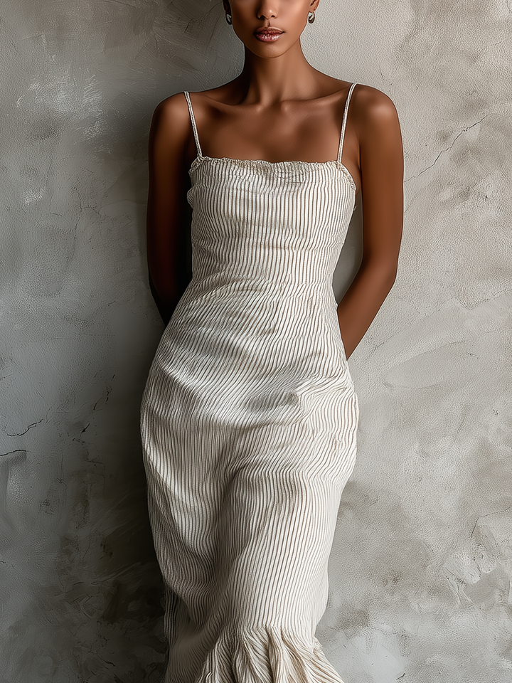 Striped Maxi Dress with Ruffled Asymmetric Hem for Women