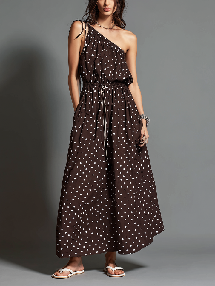 Off Shoulder Maxi Dress - Brown Polka Dot Summer Dress