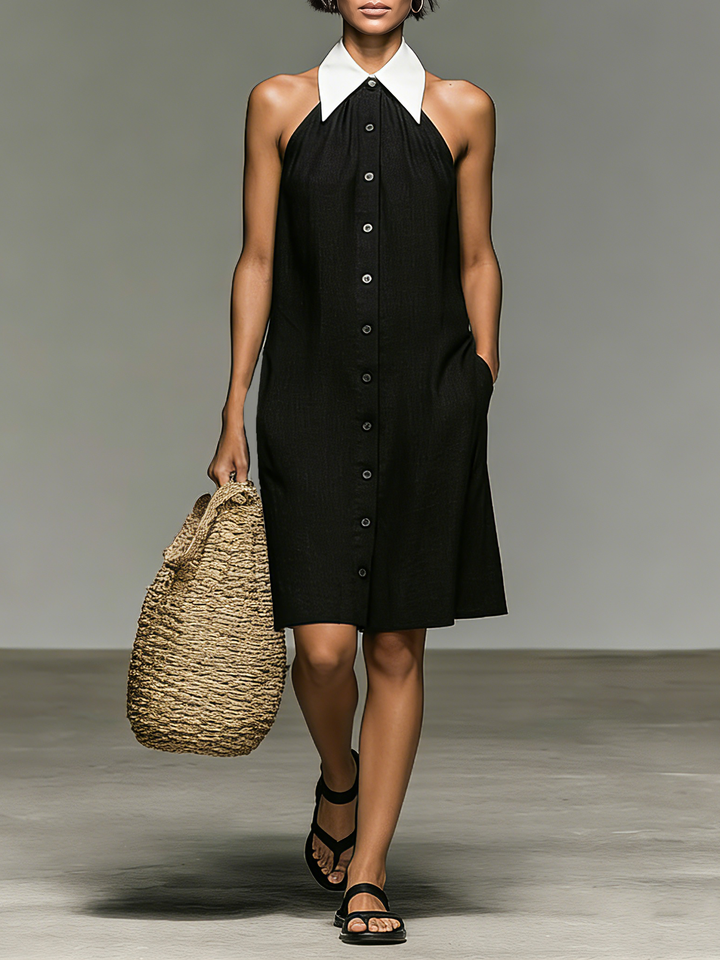 Linen Shirt Dress for Women - Sleeveless Colorblock Mini Dress