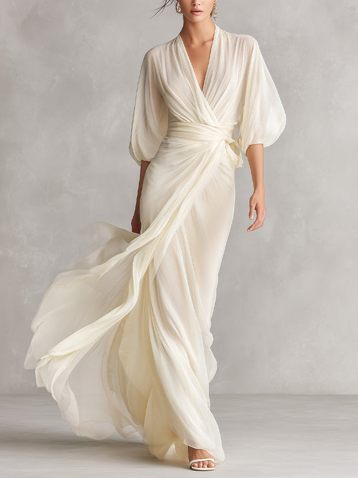 Ivory Chiffon Maxi Dress with Puff Sleeves and Wrap Detail
