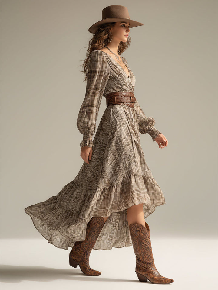 Plaid Midi Dress with Ruffles - Flowy Chiffon Bohemian Style